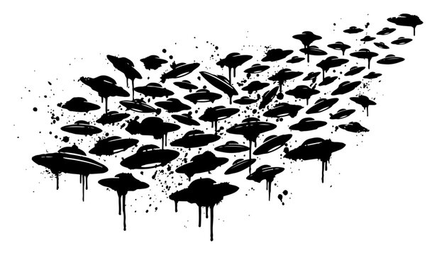 UFO fleet of flying saucers invasion in stencil graffiti style with ink drips