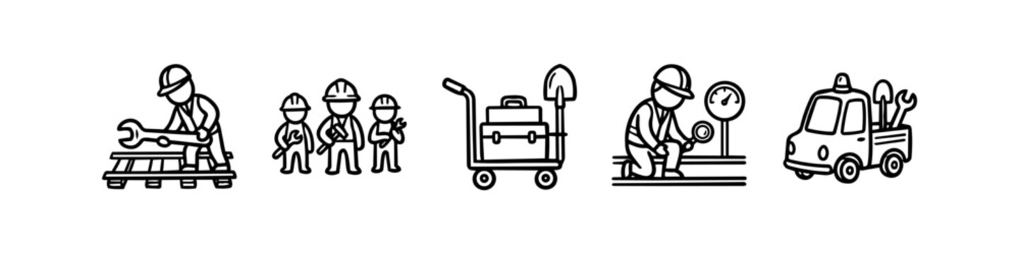 Set of five hand-drawn line art icons depicting railway maintenance workers using tools, a service truck, and equipment for track repair and inspection on a white background.