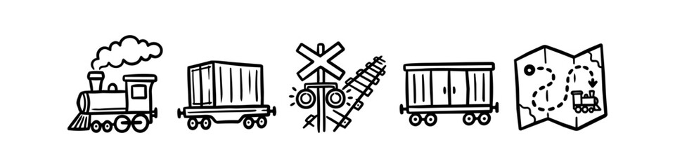 Hand-drawn train and railway icons featuring a steam locomotive, freight wagons, tracks, signal, and map. Minimalist black doodle set for logistics, travel, and transportation design. © Trends