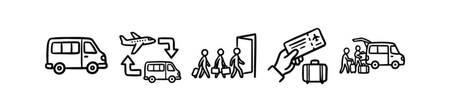 Hand-drawn vector icons for airport transfers, shuttle services, and travel logistics. Includes illustrations of luggage handling, boarding passes, and passenger transportation in a doodle style.