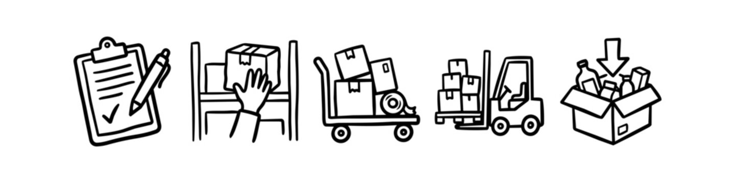 Set of hand-drawn warehouse and logistics icons featuring a clipboard, picking boxes, a trolley, a forklift, and packing. Minimalist black doodle style for supply chain and shipping concepts.