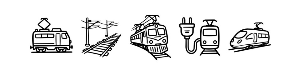 Set of hand-drawn electric train and railway icons in a minimalist doodle style. Includes locomotives, tracks, and high-speed rail, symbolizing sustainable public transportation. © Trends