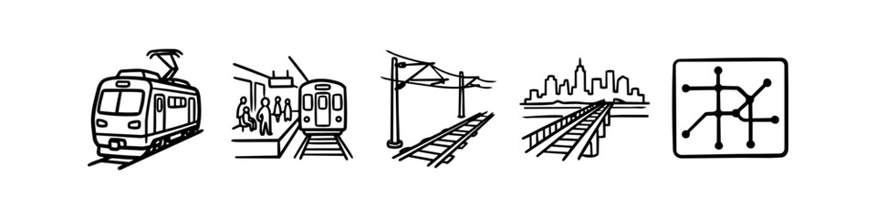 Minimalist hand-drawn line art icons of public transport, including a train, station platform, railway tracks, city bridge, and transit map for urban commuting and travel concepts. © Trends