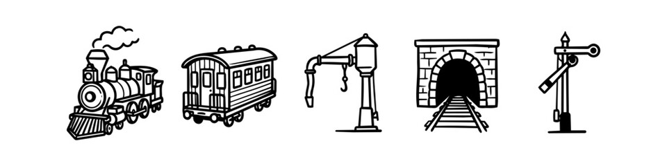 Set of vintage railway line art icons featuring a steam locomotive, passenger car, water crane, tunnel entrance with tracks, and a semaphore signal. Retro hand-drawn doodle style. © Trends