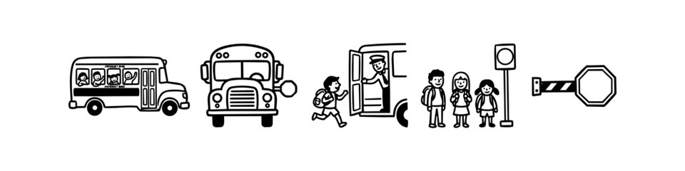 Set of hand-drawn school bus and student illustrations. Features children waiting at a stop, a driver, and safety signs. Perfect for back-to-school themes and educational materials. © Trends