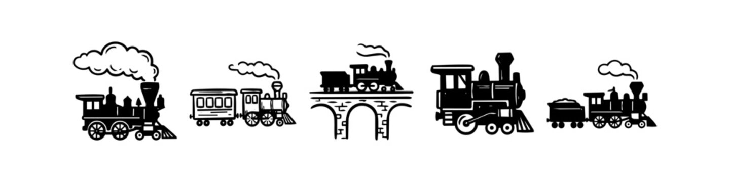 Set of five hand-drawn steam locomotive illustrations in doodle style. Vintage black and white train icons with smoke clouds, bridge, and wagons for nostalgic rail transport themes.
