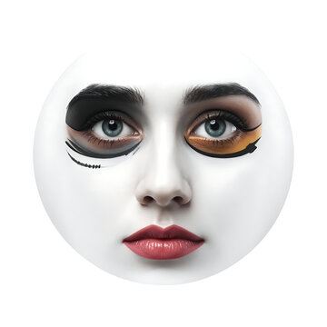 expressive face with artistic makeup and bold lipstick, dramatic eyes, close-up portrait