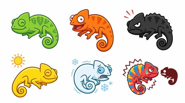 A group of colorful chameleons changing colors in a sunny outdoor setting with various emotions.