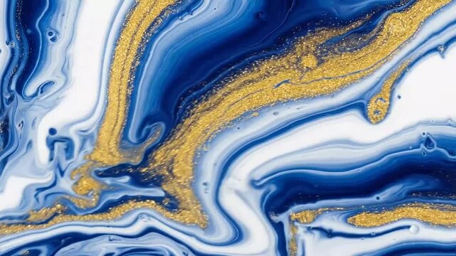 Blue and white liquid marble texture with gold glitter.