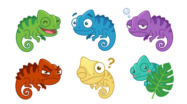 A group of colorful chameleons sitting on a leaf with a puzzled expression questioning their vibrant surroundings.