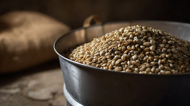 Rustic composition with metal bucket overflowing with golden cereal grains, set against a blurred brown backdrop, natural light, close up shot
