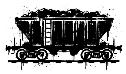Railway freight wagon carrying coal on tracks in black and white ink splatter style © Wuszu
