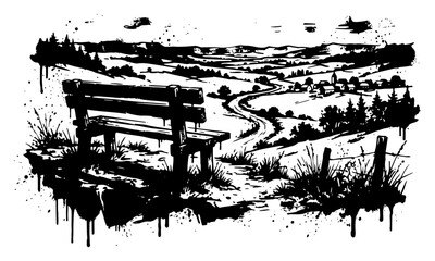 Obraz premium Wooden bench overlooking scenic valley landscape in black and white ink splatter style