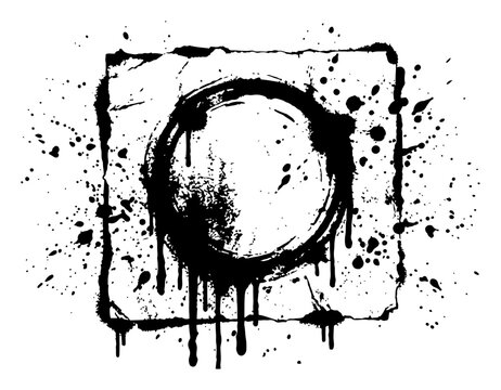 Abstract circular frame and square border design in messy ink splatter style