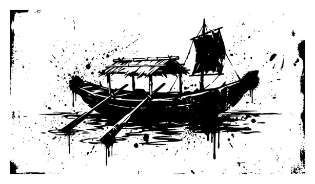 Traditional wooden boat with thatched roof floating on water in grunge ink splatter style