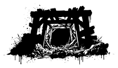 Fototapeta premium Wooden entrance of old underground mine shaft in grungy ink splatter style