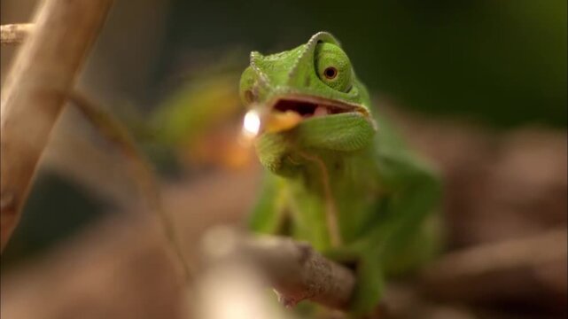 Macro Shot of Chameleon Launching Tongue to Catch Insect, Lightning Fast Strike, Slow Motion