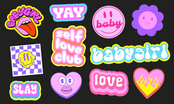 Cool Trendy Y2k Stickers Pack Vector Design. Groovy Cute Patches Graphic Elements. Pop Art Labels.