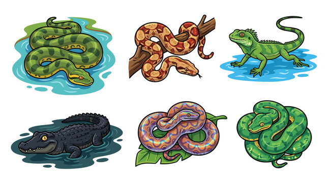 Reptiles including snakes and crocodiles are shown in water and on land in a natural environment with various species.