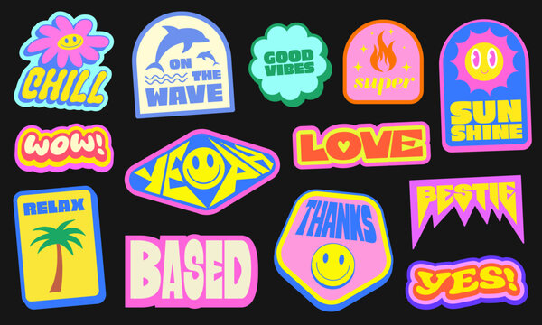 Cool Trendy Y2k Stickers Pack Vector Design. Groovy Cute Patches Graphic Elements. Pop Art Labels.