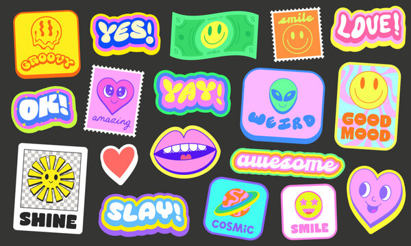 Cool Trendy Y2k Stickers Pack Vector Design. Groovy Cute Patches Graphic Elements. Pop Art Labels.