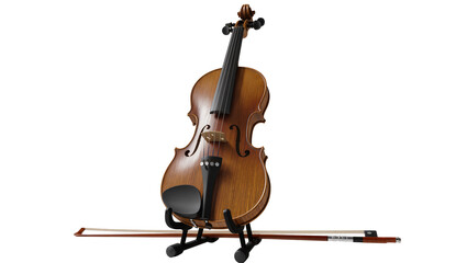 Isolated beautiful wooden violin and bow on a stand, ready for classical music performance. © Vincent