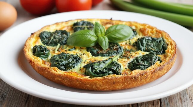 Spinach frittata on white plate with basil garnish. Homemade eggy dish with fresh green leaves on rustic wood table. Delicious, healthy meal for brunch or dinner.
