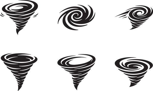 Air vortex vector icon set, swirl wind symbols, cyclone silhouette graphics.