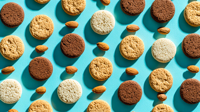 Close examination of assorted cookies. Detailed studio photograph highlighting textures and ingredients of mixed cookies on vibrant background