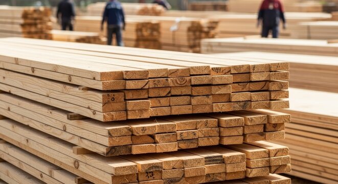 Neat stacks of processed pine wooden planks stored at an outdoor lumberyard warehouse.