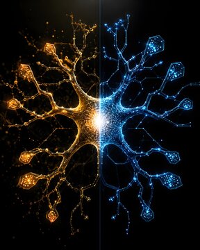 Split-composition visualization comparing a bioluminescent human neuron and an artificial neural network node in perfect mirror symmetry, revealing their identical branching architecture 