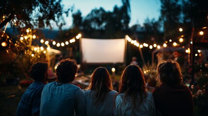 Fototapeta premium A group of friends watching a movie outdoors in a serene and peaceful setting at dusk