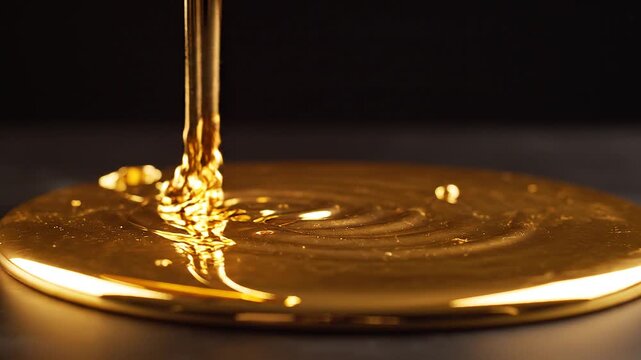 Extreme close-up view of luxurious golden liquid slowly cascading onto a reflective dark surface, creating a mesmerizing shimmering pool and gentle ripples with a rich, viscous texture