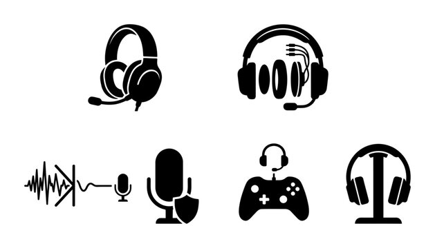 Gaming Headset Icons, Microphone & Controller Vector Set: Audio Gear & Tech Symbols