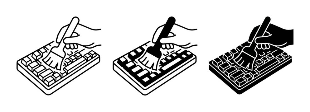 Keyboard Cleaning Icons: Hand Brushing Keys, Line Art, Silhouette, Maintenance