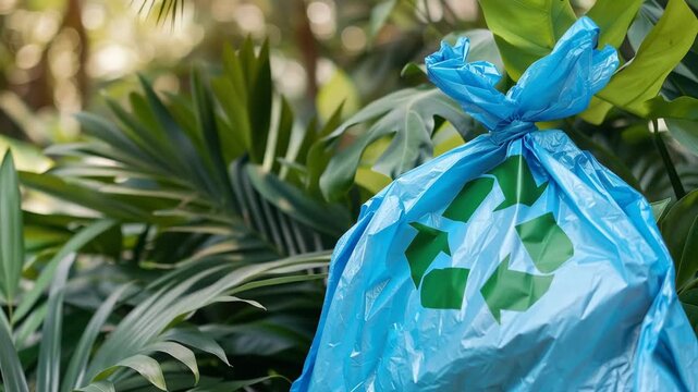 Blue recycling garbage bag hanging on green leaves