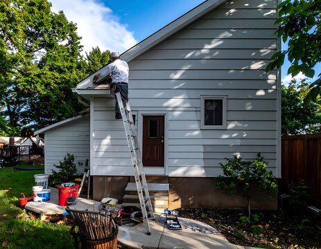 Man on ladder repairing house exterior.