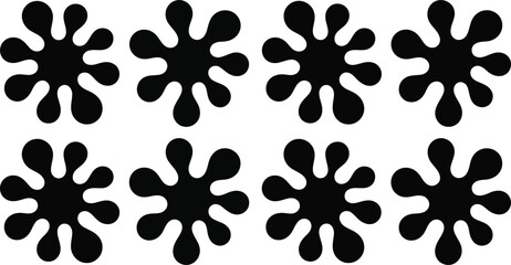 Fototapeta premium Six black splatter shapes isolated on white background
