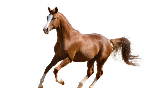 Isolated graceful Akhal-Teke horse galloping with energy, beautiful movement and powerful stride.
