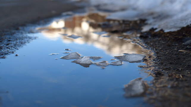 Close up view of a small puddle with floating ice pieces and clear blue water, reflecting light, with dirty ground and melting snow on the side