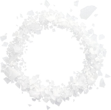 Sea salt flakes arranged in a circular frame top view isolated on transparent background