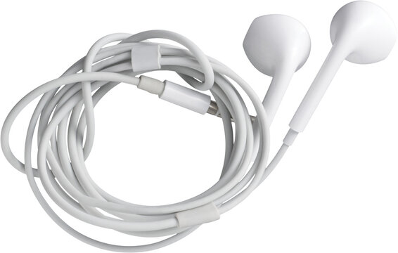 White Wired Earphones with Coiled Cable Top View isolated on transparent background