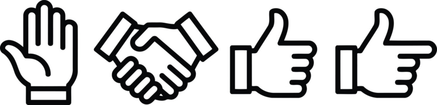 Positive communication icons handshake wave thumbs up line art