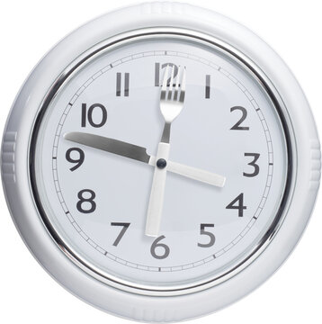 White wall clock with fork and knife hands isolated on transparent background