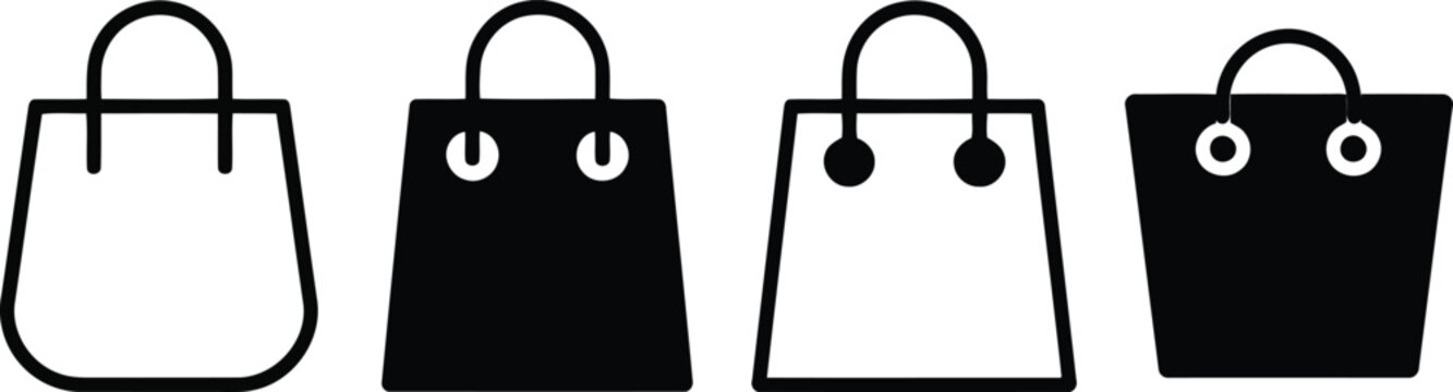 Four handbag icons tote structured and shopper styles in black and white