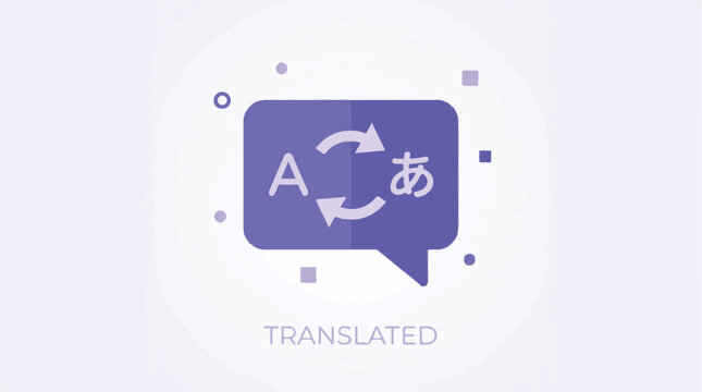Purple speech bubble icon featuring cyclic arrows and language translation symbols for global communication.