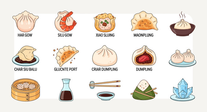 Assorted Asian Dumplings Collection - Delicious Food Illustration