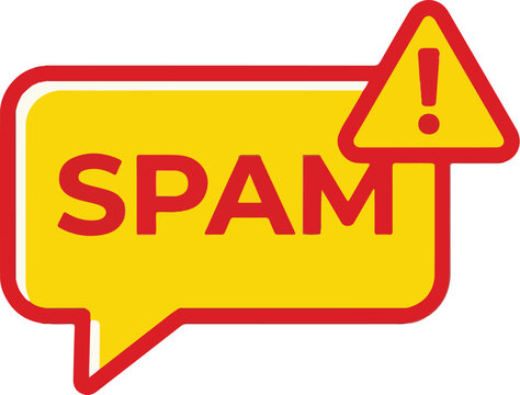Yellow speech bubble icon with red border and bold SPAM text. Alert for junk mail, phishing, or security warning.
