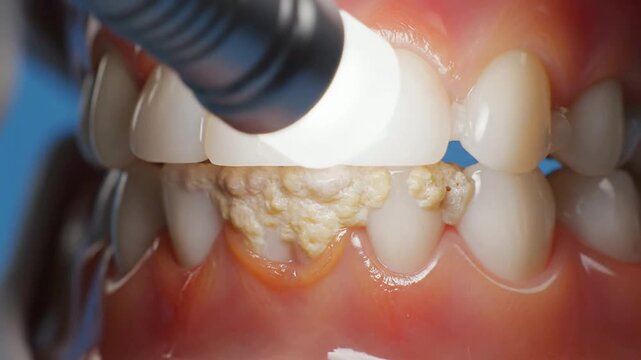 Close-Up Dental Examination Highlighting Plaque Buildup on Teeth Illuminated by a Dental Light, Emphasizing Oral Hygiene and Dental Care Concerns