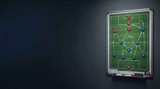 Soccer strategy board with red and blue player pieces tactical analysis illustration strategy session game plan play diagram sports strategy football tact